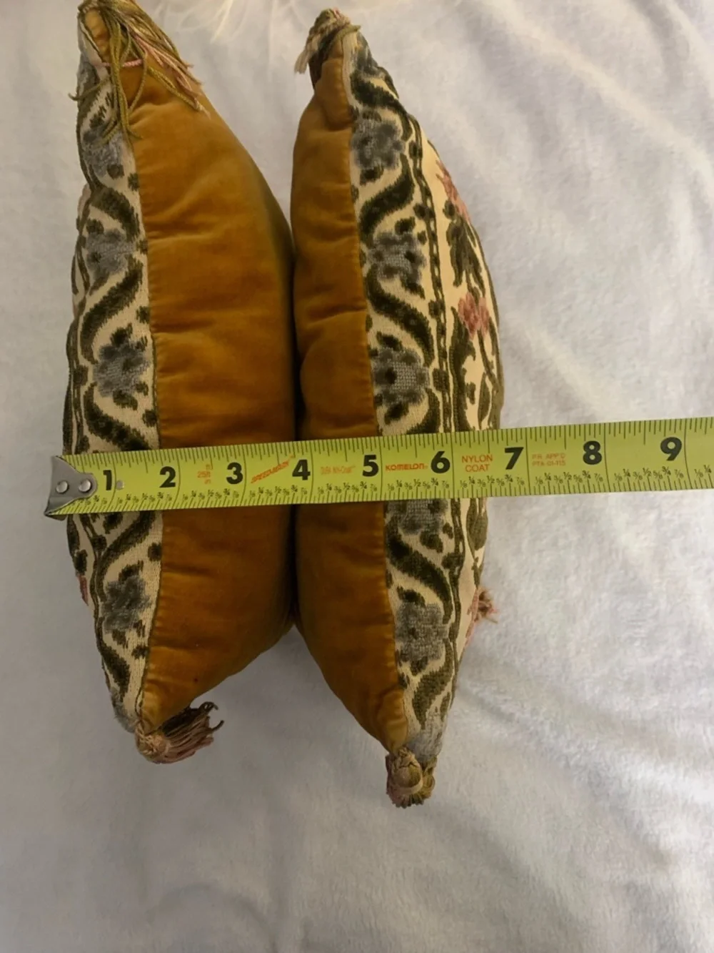 Antique Velvet Damask Floral Throw Pillows with Tassel Trim approx 10 x 10